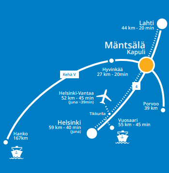 Etäisyyskartta Mäntsälästä Hankoon, Helsinkiin, Porvooseen ja Lahteen