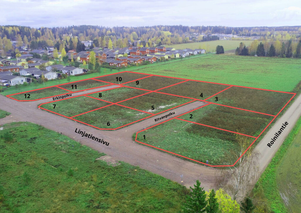 Tonttialueet rajattuna viistoilmakuvalla - esimerkkialue